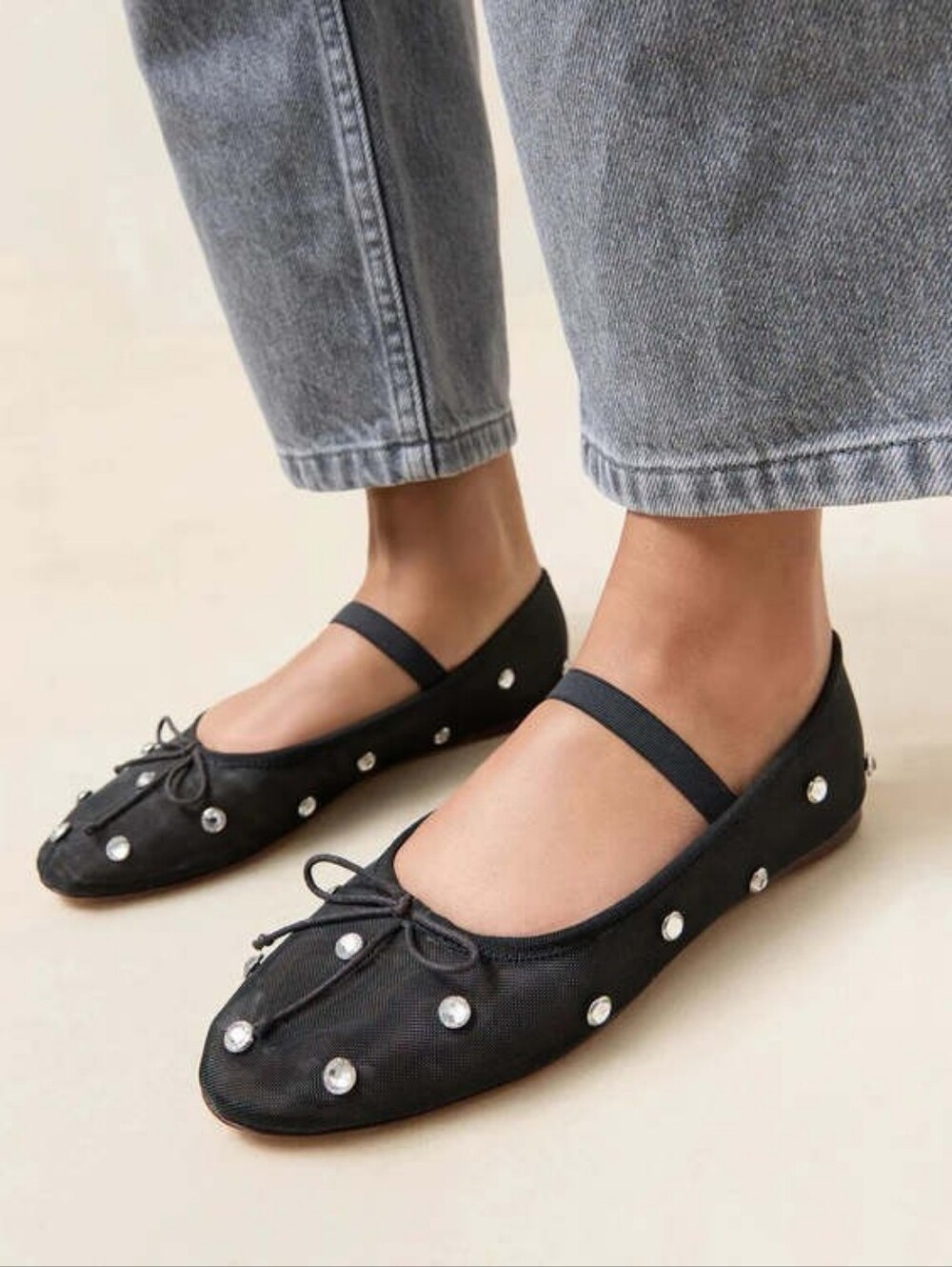 Cushionaire Mesh Studded Bow Mary Jane Coquette Black Ballet Flats